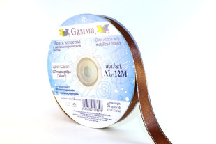 Лента атласная 12 мм двухстор. с металл. нитью "Gamma" №037коричневый/серебро